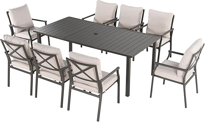 HAPPATIO Patio Dining Set, Metal Outdoor Table and Chairs Set for 8, Powder-Coated Steel Chairs with Thick Cushions, 80" Rectangular Table with 1.9" Umbrella Hole for Deck Backyard Lawn