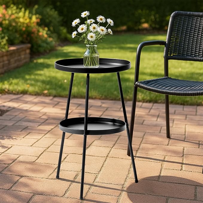 Outdoor Side Table 2 Tier End Table Metal Round Coffee Tables Nightstand for Small Spaces Indoor Outdoor and Living Room Bedroom or Office (Black)