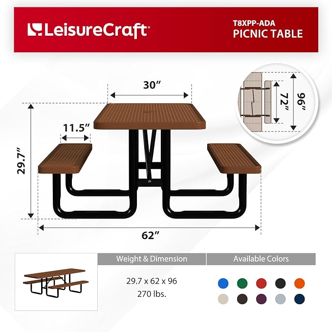 Leisure Craft Metal Picnic Table with Bench - 8 ft Rectangle Outdoor Dining Table with Umbrella Hole, Heavy Duty Thermoplastic Coating, ADA Compliant, Commercial Grade Furniture Made in USA - Brown