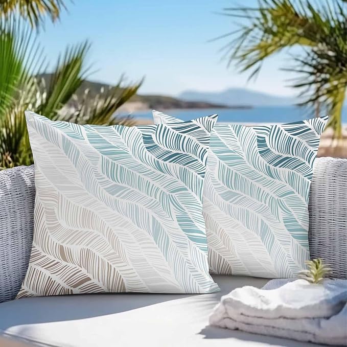 Vandarllin Outdoor Throw Pillows Covers 24x24 inch Set of 2 Waterproof Summer Beach Decorative Zippered Cushion Covers for Patio Furniture, Ombre Blue Abstract Leaf Lines Lumbar Pillowcases