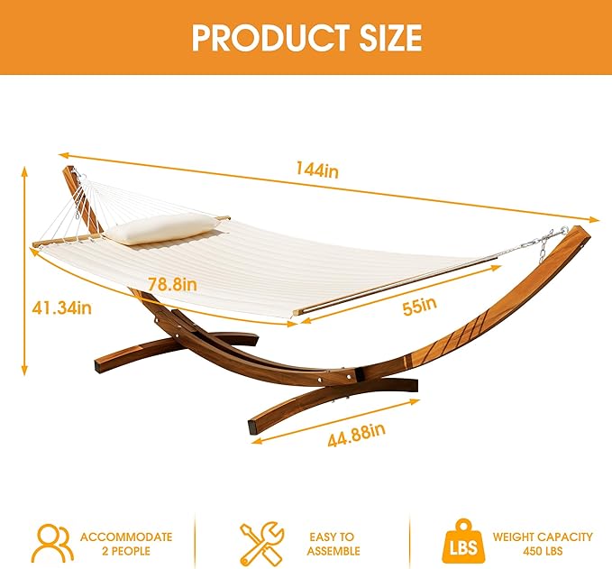 Lazy Daze Hammocks 12 FT 2 Person Double Quilted Hammock with Curved Steel Heavy Duty Stand and Pillow for Outside, Backyard, Patio, 450 Lbs Capacity, Cream