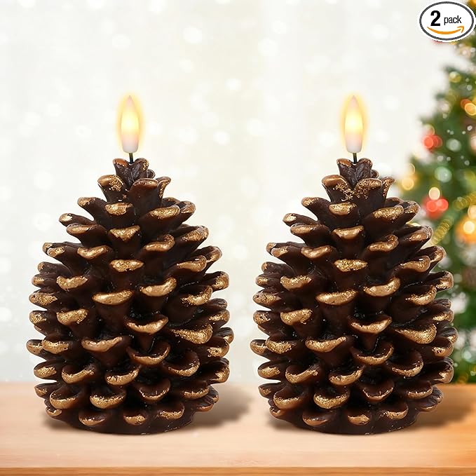 DRomance Flameless Pinecone Candles Battery Operated with 6 Hour Timer Set of 2 Real Brown Wax 3D Wick LED Flickering Pillar Candles Christmas Holiday Decor(Gold, 3.5 x 6 Inch)