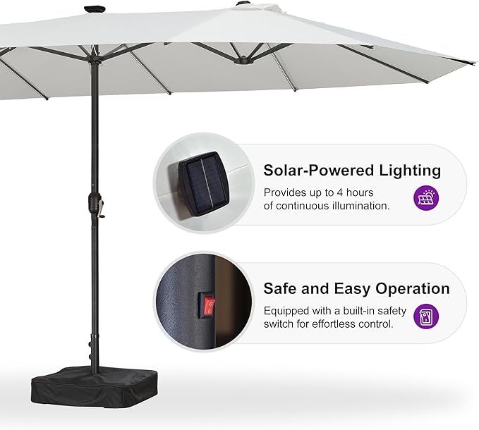PURPLE LEAF 15ft Patio Market Umbrella with Solar LED and Base Double-Sided Rectangle Outdoor Table Sun Umbrellas with Crank for Pool Beach Deck Backyard Cream