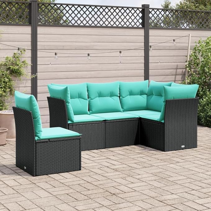 5 Piece Patio Sofa Set with Cushions, Porch Furniture Set Outdoor Dining Sets Outdoor Sofa Sets Patio Conversation Set for Negotiation Area Exhibition Piazza Garden Black Poly Rattan