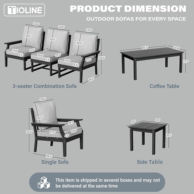 HDPE Patio Conversation Set, 7-Piece All Weather Outdoor Furniture Set with 2 Single Armchairs for Deck, Lawn, with Cushion, Black