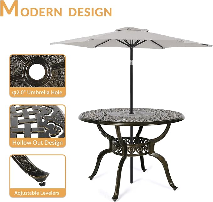 5-Piece Outdoor Patio Dining Set, All-Weather Cast Aluminum Patio Furniture Set for Backyard Garden Deck with 4 Chairs, 4 Cushions and 38.5" Round Table, 2" Umbrella Hole, Blue