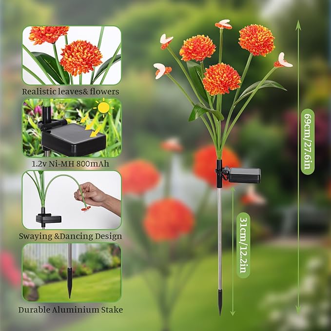 Solar Garden Lights Outdoor 2 Packs Solar Swaying Bee Lights with Fake Flowers Waterproof Firefly Light Flower Fairy Lights Outdoor Patio Yard Pathway Decoration Ideal Gifts for Women Mother's Day