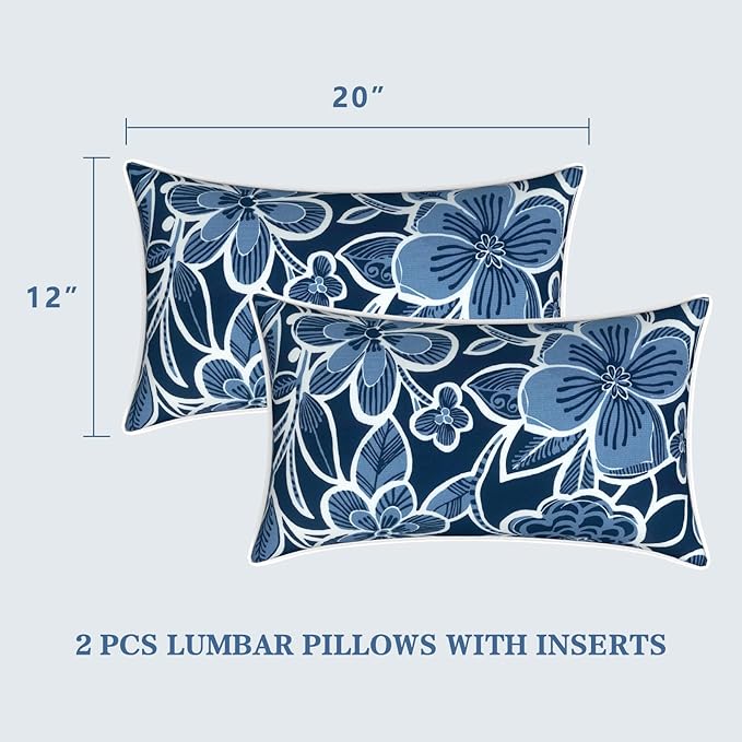 LVTXIII Set of 2 Outdoor Lumbar Pillows for Patio Furniture with White Piping, 12"x20" Fade Resistant Patio Lumbar Pillows with Inserts for Home Coach Sofa Use, Flower Navy