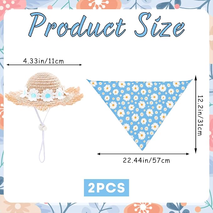 Summer Floral Porch Goose Outfit - 2Pcs Cute Blue Daisy Cottage Style Clothes with Straw Hat & Bandana Bib, Garden Lawn Decoration for 23 Inch Cement/Plastic Statue