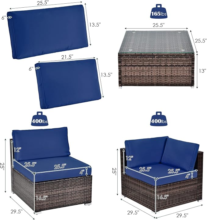 DORTALA 6 Pieces Patio Furniture Set, Outdoor Wicker Conversation Set with Glass Coffee Table, Wicker Sofa Set with Back & Seat Cushions, Rattan Sectional Conversation Couch Set, Navy