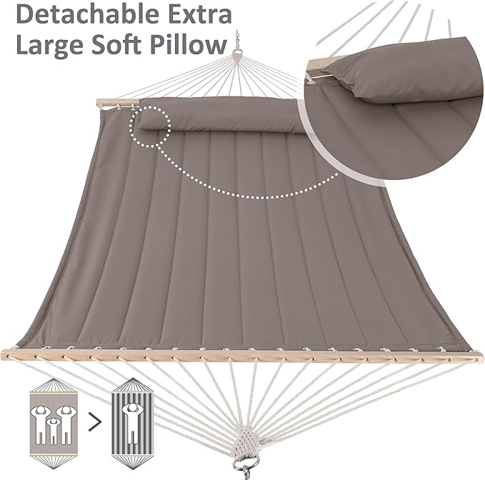 SUNCREAT 2 Person Hammocks for Outside with Stand, Extra Large Double Hammock with Wooden Stand, Brown