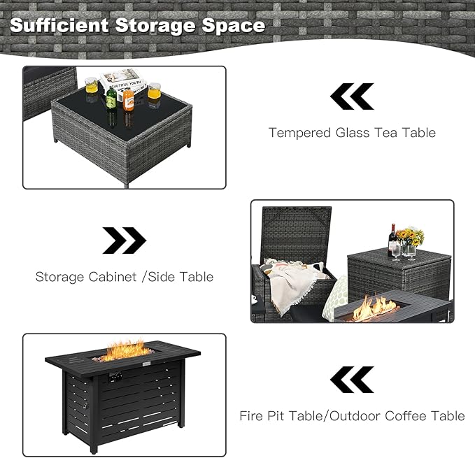 Tangkula 9 Pieces Patio Rattan Furniture Set, Patiojoy Sectional Sofa Set w/Storage Box, Coffee Table, Outdoor Wicker Conversation Set w/ 42” ETL Approved Propane Fire Pit Table (Black)