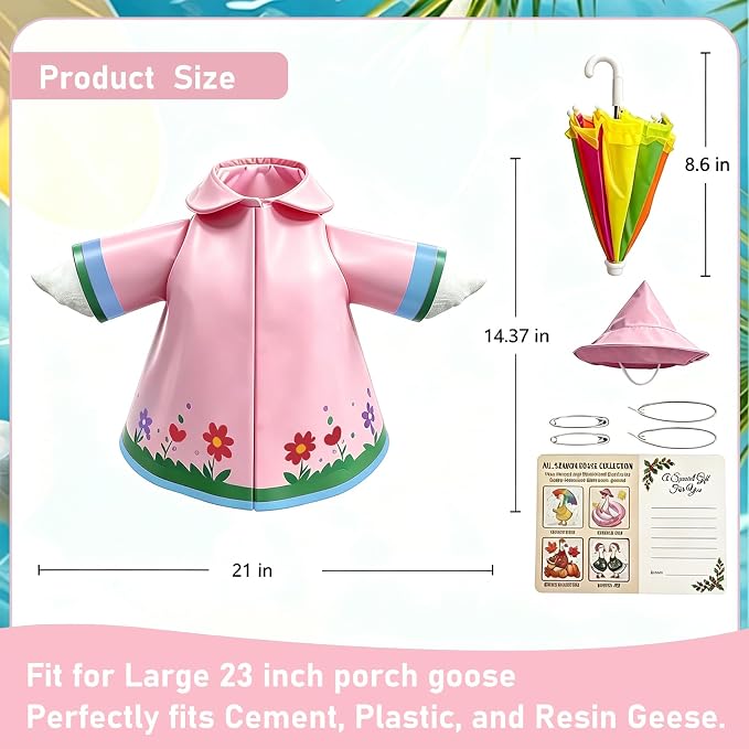 3 Pcs/Set Floral Raincoat Porch Goose Outfits: Pink Lawn Goose Statue Rain Coat Costume with Umbrella Hat - Spring Yard Goose Clothes for 23 Inch Goose Statue - Patio Garden Porch Lawn Outdoor Decor