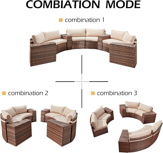 ECOTOUGE Outdoor Patio Furniture, 11-Piece Half-Moon Sectional Patio Furniture Set Curved Sofa with Tempered Glass Round Coffee Table, Fit for Pool Backyard Balcony Porch Lawn(Beige/Brown)
