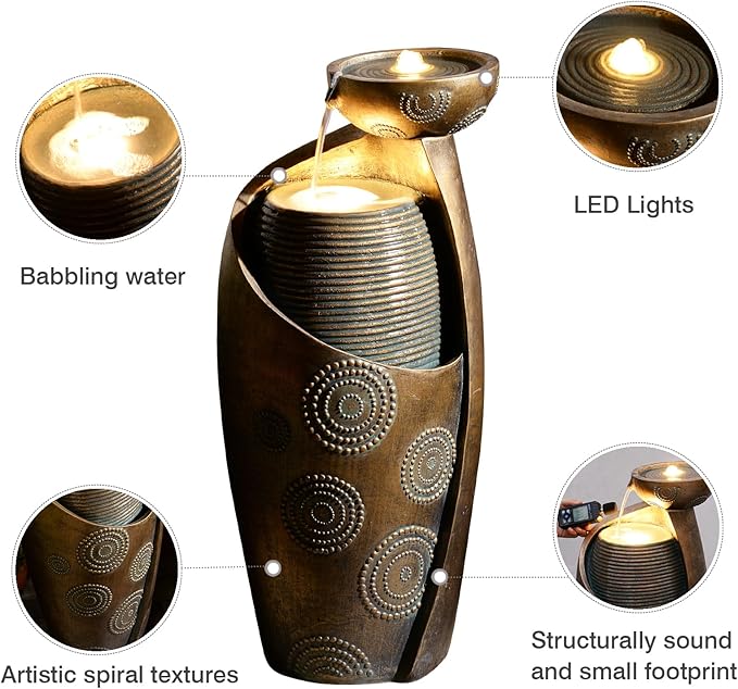Outdoor and Indoor Water Fountain with Golden LED lights, Resin Curved Upright Zen Water Fountains for yard, Patio or living Room, Electric Pump and Extended Power Cord Included, Gold, 31.7''H