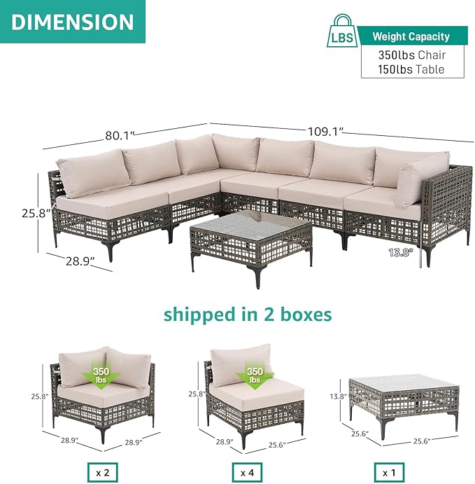 Patiorama 7 Piece Wicker Patio Furniture Set, Metal-Colored PE Rattan Outdoor Conversation Set Sectional Sofa with Water Resistant Cushion and Glass Table, Outdoor Couch, Porch, Backyard-Sand Beige