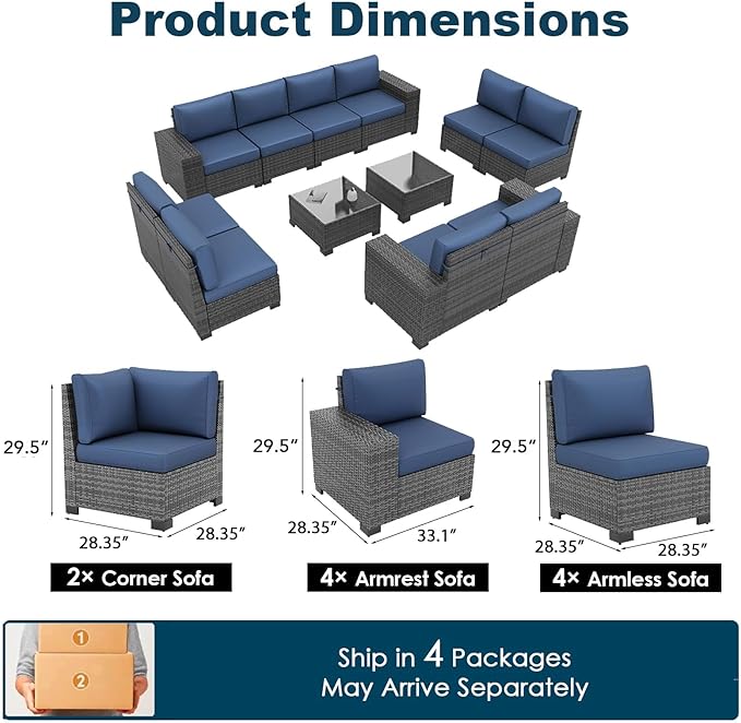 Patio Furniture Set, 12 Pieces Outdoor Sectional Sofa Conversation Sets with Waterproof Cover Modern Wicker Seating Set, 4'' Thickened Cushions & 2 Glass Coffee Table, Navy Blue