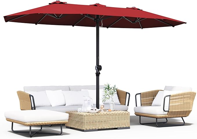 GDPFN 15FT Large Patio Umbrella, Outdoor Deck Standing Umbrella with Crank Handle, Double-Side Rectangular Pool Umbrella for Outside, Market, Patio, Burgundy (Base Not Include)