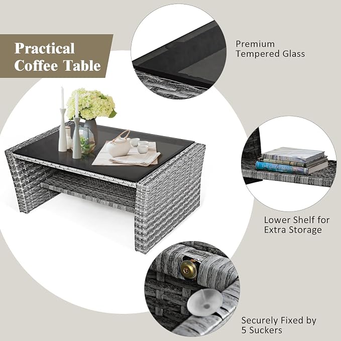 COSTWAY 4 Pieces Patio Rattan Furniture Set, Outdoor Wicker Sofa Set with Tempered Glass Coffee Table, Cushions, All Weather Rattan Conversation Set for Yard Balcony Backyard Pool (Black)