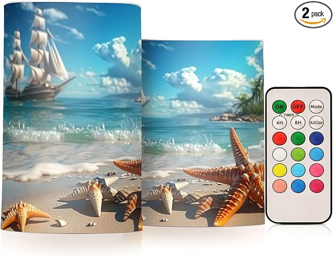 Starfish Pattern on Seaside Beach Flameless Candles Color Changing LED Candles with Remote Control Battery Candles for Outdoor and Indoor Home and Room Decoration, 3'' x 4''/5'' Set of 2 Pieces