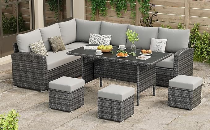 7 Piece Patio Furniture Set, Outdoor Modern Patio Conversation Set, PE Wicker with Glass Coffee Table for Backyard, Garden, Pool Decks, Light Grey