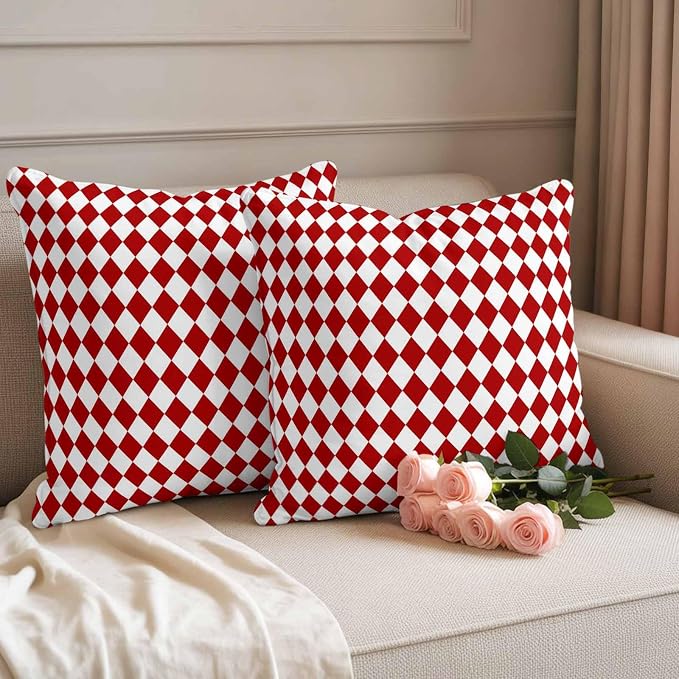 Outdoor Throw Pillow Cover Modern Red White Diamonds Plaid Waterproof Cushion Covers 2 Pack Minimalist Geometric Style Pillow Cases Home Decoration for Patio Garden Couch Sofa