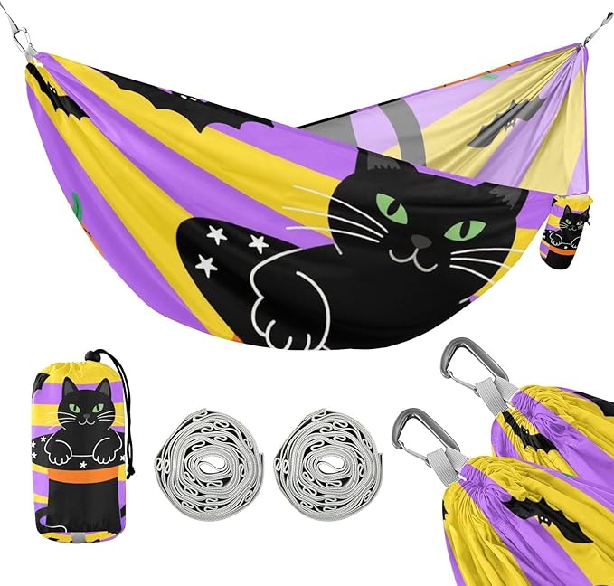 Halloween Black Cat and Pumpkins 330lb Capacity Outdoor Hammock with Hanging Rope Cloth Hammock for Outside Patio Garden amacas para patios con Base de adultos