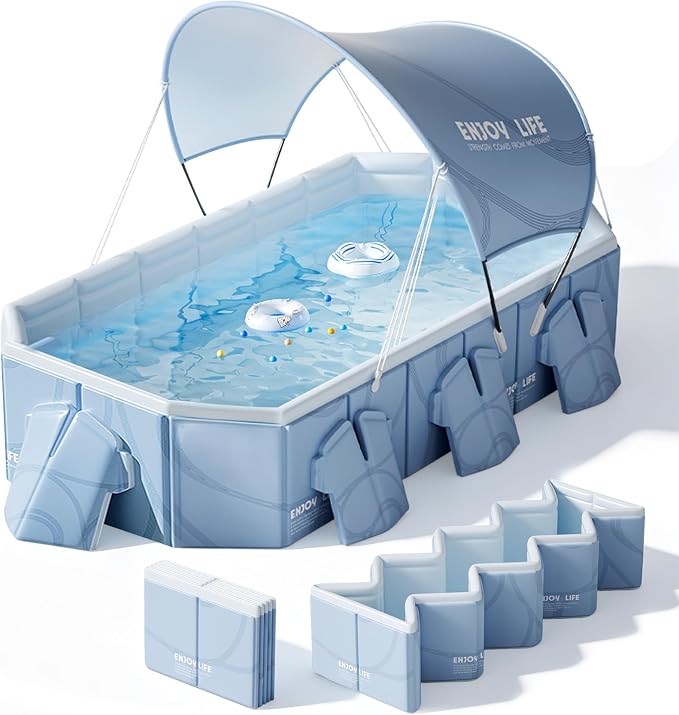 Foldable Pool with Canopy,Large Portable Pool for Adult,Thickened Collapsible Folding Pool for Backyard,85×50×22 in,20 Seconds Installation&Titanium Silver Canopy,Feels-Like Temp 50°F – 64.4°F,Blue