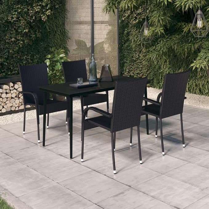 5 Piece Patio Dining Set Black Outdoor Dining Table and Chairs Set with Glass Top Steel Frame for Backyard Lawn Garden Porch BBQ