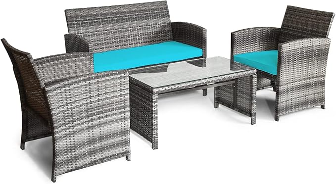 Giantex 4 Pc, Rattan Loveseat & Patio Chairs with Cushioned Seat, Wicker Coffee Table, Outdoor Furniture Front Porch Poolside Garden Lawn Conversation Sets, Mix Grey&Turquoise