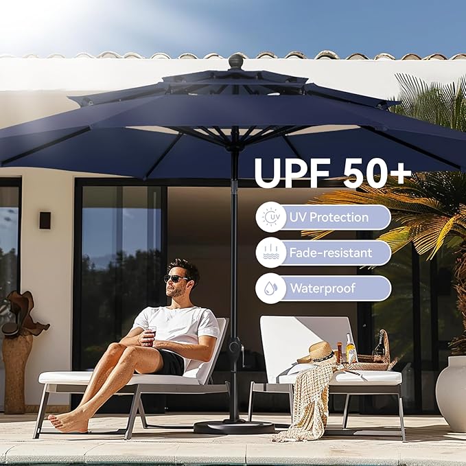 GREEN PARTY 10ft Outdoor Patio Umbrella, [Auto-Tilting] 3 Tiers Market Table Umbrellas with 1.5" Pole, 8 Sturdy Ribs, 3-Year-Non-Fading for Garden Deck Pool Backyard, Navy Blue
