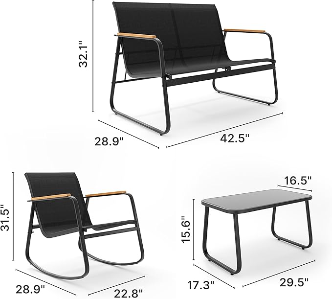 Ahomly 8-Piece Outdoor Patio Furniture Set, Textilene Conversation Set with Rocking Chairs, Loveseat, and Tempered Glass Coffee Table, for Lawn, Garden, Balcony, Poolside (Black)