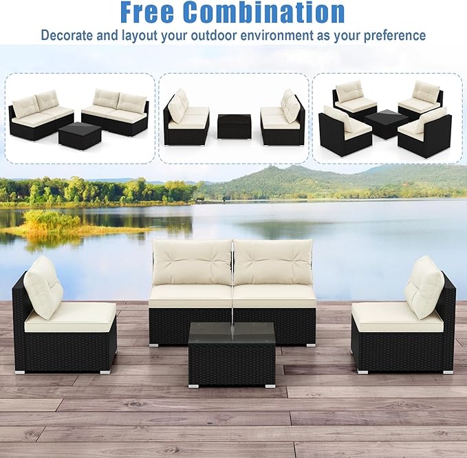 HAPPYGRILL 5 Pieces Patio Rattan Sofa Set, Outdoor Furniture Set with Seat & Back Cushions, Square Coffee Table with Tempered Glass Tabletop, Wicker Patio Conversation Set for Backyard, Poolside