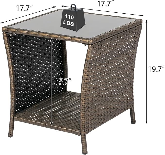 Kinfant Outdoor Wicker Side Table - Patio Square End Table with Steel Frame, Garden Coffee Table with Tempered Glass Top & Extra Storage Shelf for Pool, Lawn, Backyard, Dark Brown, RTET506-F