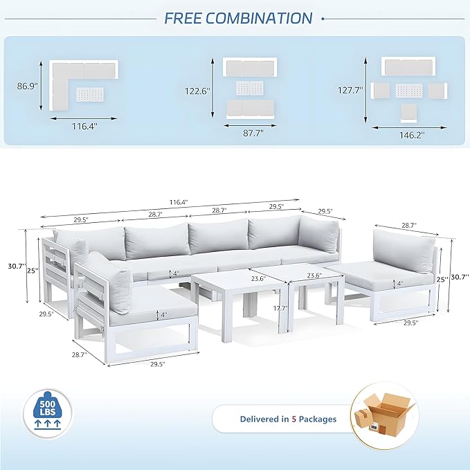 NICESOUL 8 Piece Luxury Aluminum Outdoor Sectional Sofa with Side Table, Large L Shaped Patio Furniture Set, 29" Deep Wide Seating, 500 lbs Heavy Duty Conversation Set for Backyard Garden, Light Gray