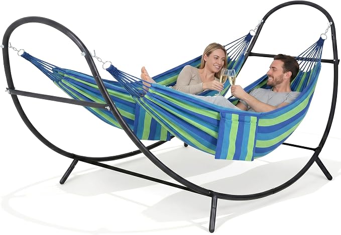 SUNCREAT Portable Outdoor Hammock with Stand, Double Hammocks with Stand for Outside, Patent Pending, Blue & Green