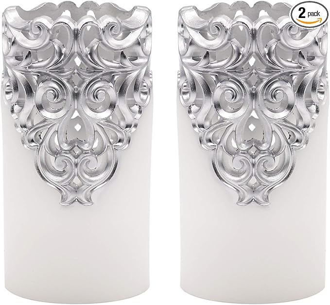 DRomance Hollow Silver Flameless Flickering Candles with 5H Timer, Battery Operated LED Pillar Candles Unscented Wax Warm Light Christmas Home Decoration(Set of 2, 3 x 6 Inches)