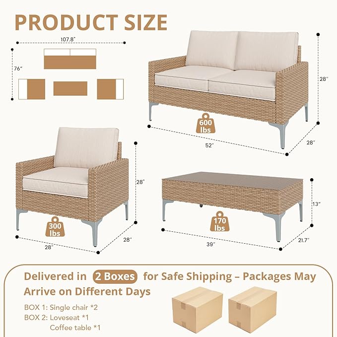 4 Piece Patio Furniture Set, Wicker Modular Outdoor Furniture with Thicker Cushions, Outdoor Couch Sofa for Garden, Poolside, Backyard, Beige