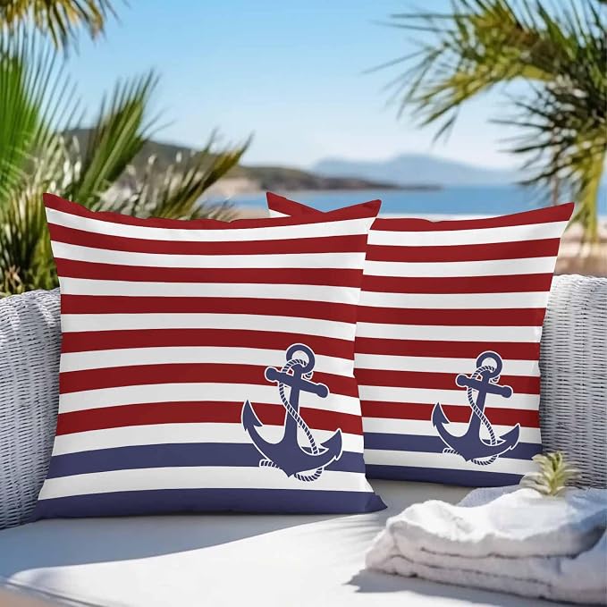 Throw Pillow Covers 26x26 Inch Set of 2, Anchor Red Waterproof Outdoor Cushion Covers, Modern Navy Blue White Striped Nautical Decorative Pillowcases for Couch, Sofa, Bed, Garden, Patio