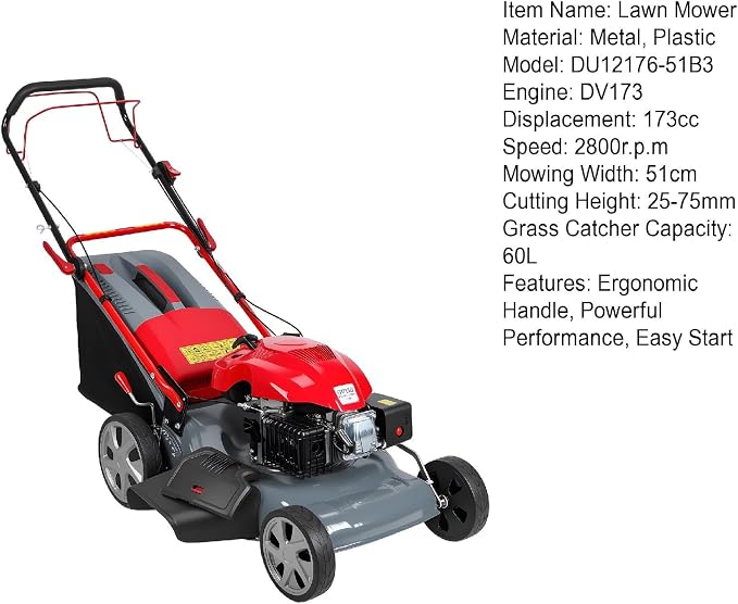 3-in-1 Gas Lawn Mower, 173CC Self Propelled Lawn Mower with 60L Grass Bag, 20" Cutting Deck, Adjustable Cutting Height Foldable Clearance Lawns Mowers Cordless for Yard & Garden Care 2800rpm Red