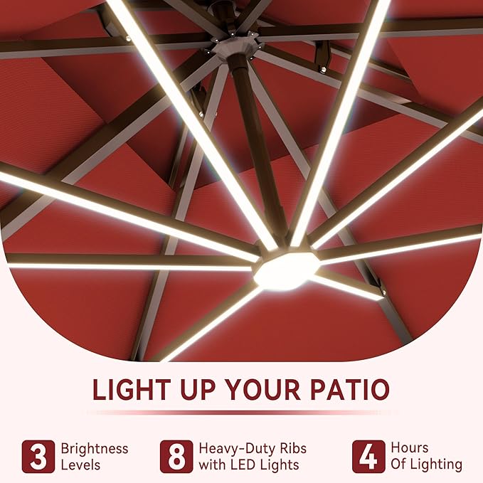 9 X 12 FT Cantilever Outdoor Patio Umbrella with LED Lights Large Heavy Duty 360° Rotation Double Top Offset Rectangular Umbrellas for Backyard Garden Pool Outside Deck, Red
