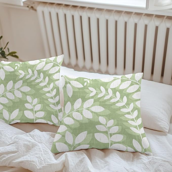 Olive Green Leaves Outdoor Waterproof Throw Pillow Covers 24x24 Set of 2, Farmhouse Botanical Branch Vintage Boho Decorative Pillowcases Cushion Pillowcase for Couch Sofa Patio Pillow Protector