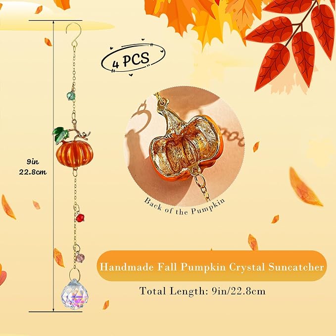 4pcs Fall Pumpkin Suncatchers Crystals Sun Catchers Indoor Window Hanging | Thanksgiving Christmas Tree Decoration for Farmhouse Harvest Autumn Home Party Decor,halloween decorations,gift for women mom
