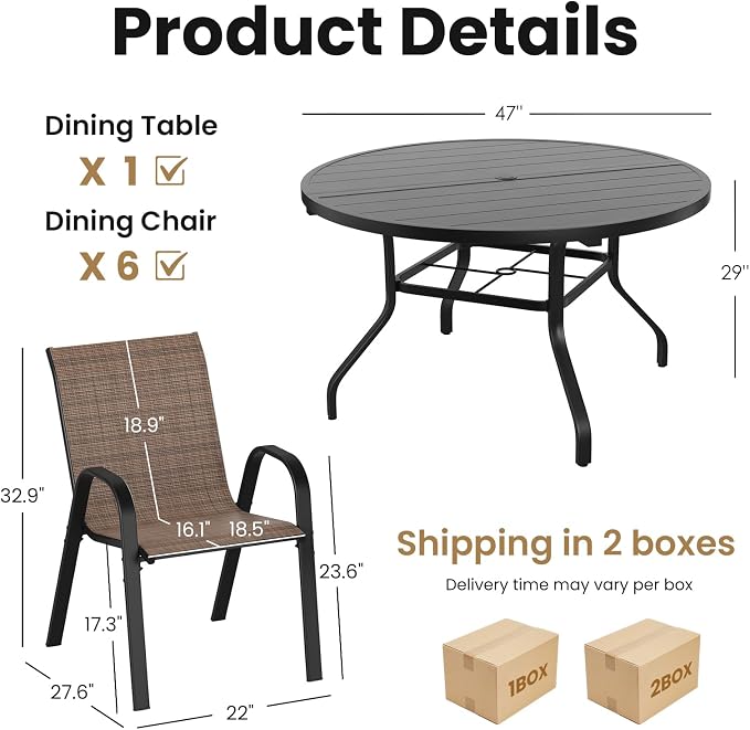 Soohow Outdoor Dining Set for 6, 7-piece Outdoor Patio Dining Set 6 x Stackable Patio Chairs & 1 x Round Table with Umbrella Hole, All-Weather Outside Table and Chairs for Backyard, Balcony, Porch