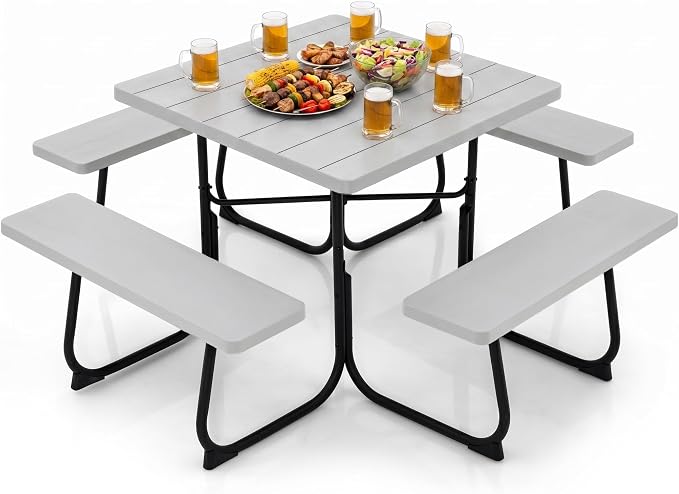 POWERSTONE Picnic Tables with Benches for 8, Outdoor HDPE Picnic Table with Umbrella Hole, Heavy Duty 35" Portable Dining Set Camping Table for Backyard, Patio, Park(Grey)