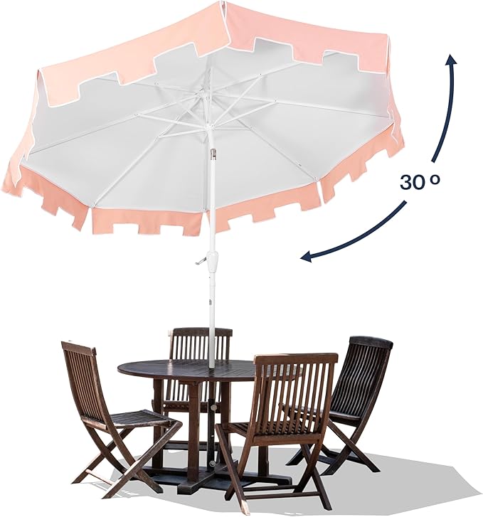 JONATHAN Y Baiona 9 ft. White/Coral Pink Outdoor Patio Umbrella with Crank Lift and Tilt, 8 Ribs UV-Resistant Market Table Umbrella with Square Trim for Pool, Deck, Coastal, White Pole UMB1000C