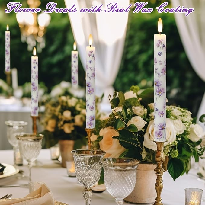 Purple Flowers Flameless Taper Candles with Remote Timer, LED Taper Candles Battery Operated Warm 3D Wick Flickering, Real Wax CandleSticks, Wedding Birthday Christmas Decor