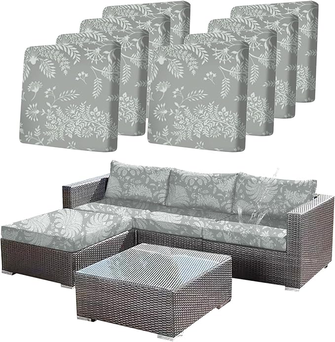 CALBODE Ourdoor Cushion Covers Waterproof Set of 8 Floral Printed Stretch Patio Chair Cushino Covers for Patio Furniture Replacement,Washable Couch Covers for Furniture(Grey)