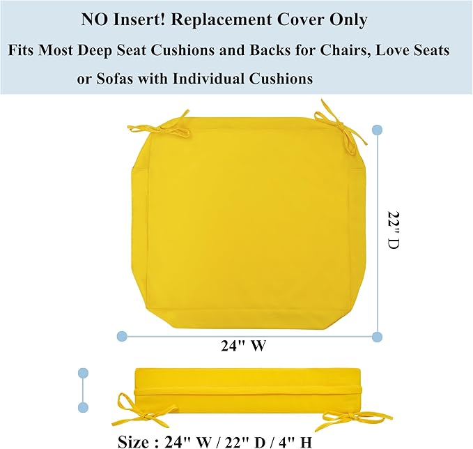 FUNHOME 2 Pack Outdoor Cushion Covers 24" x 22" x 4", No Insert! Chair Cushion Cover for Outdoor Furniture, Patio Chair Cushion Covers with Zipper and Tie, Replacement Cover Only(Yellow)