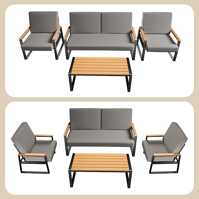 Gizoon 4-Piece Outdoor Patio Furniture Set with Coffee Table and Removable Cushions, Metal Patio Conversation Set for Family, Yard, Poolside (Gray)